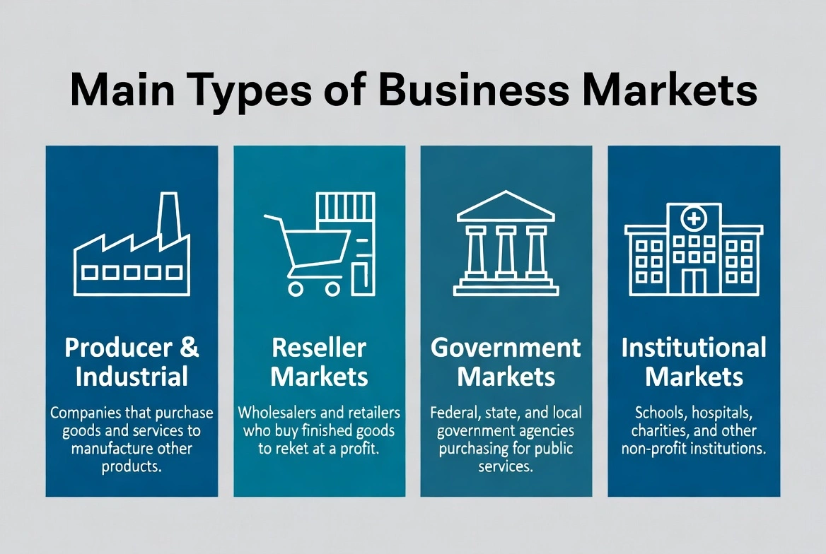 Main types of business markets showing producer and industrial markets, reseller markets, government markets, and institutional markets with definitions