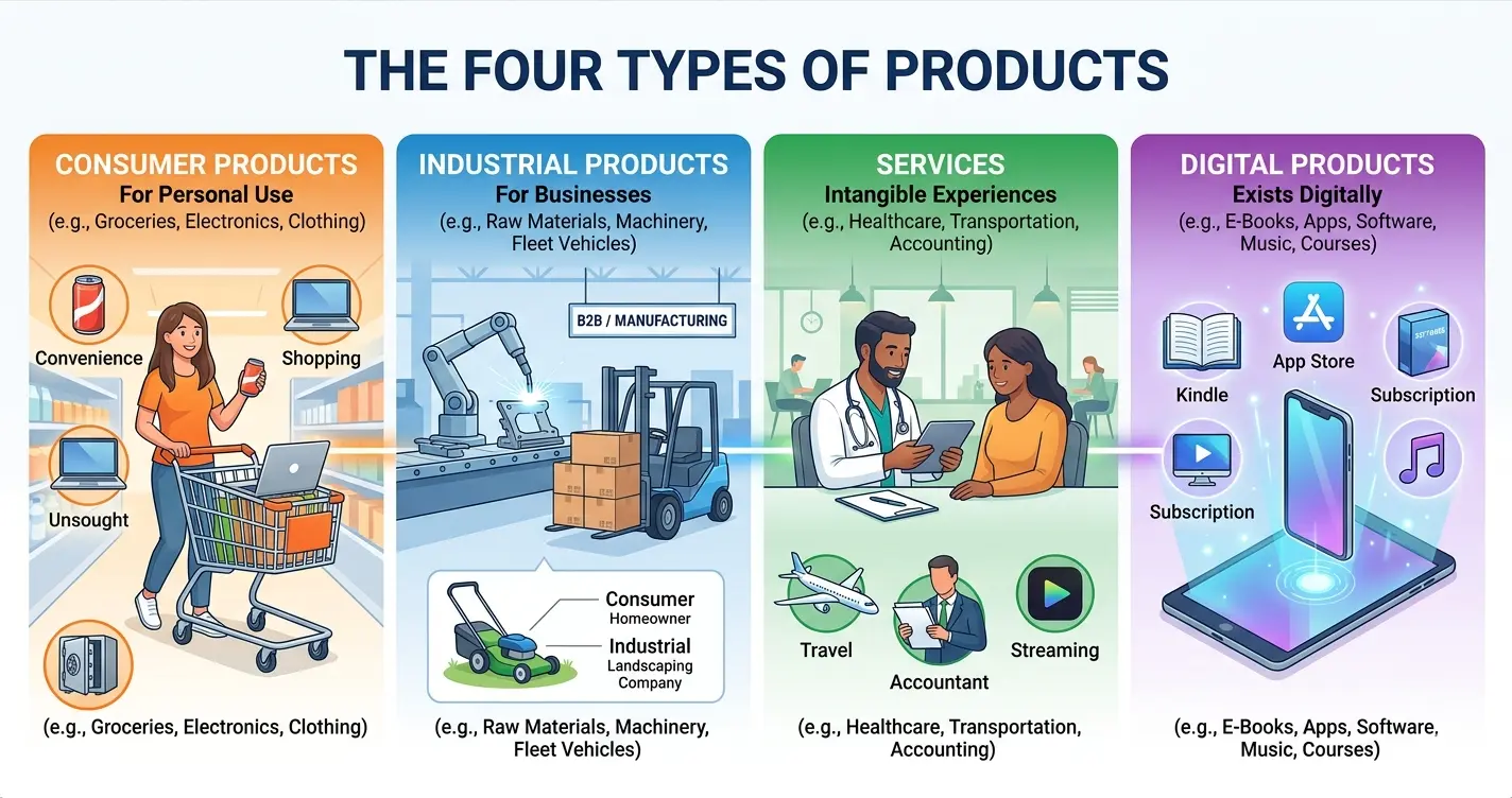 Infographic detailing the 4 main types of products: consumer, industrial, services, and digital classifications.