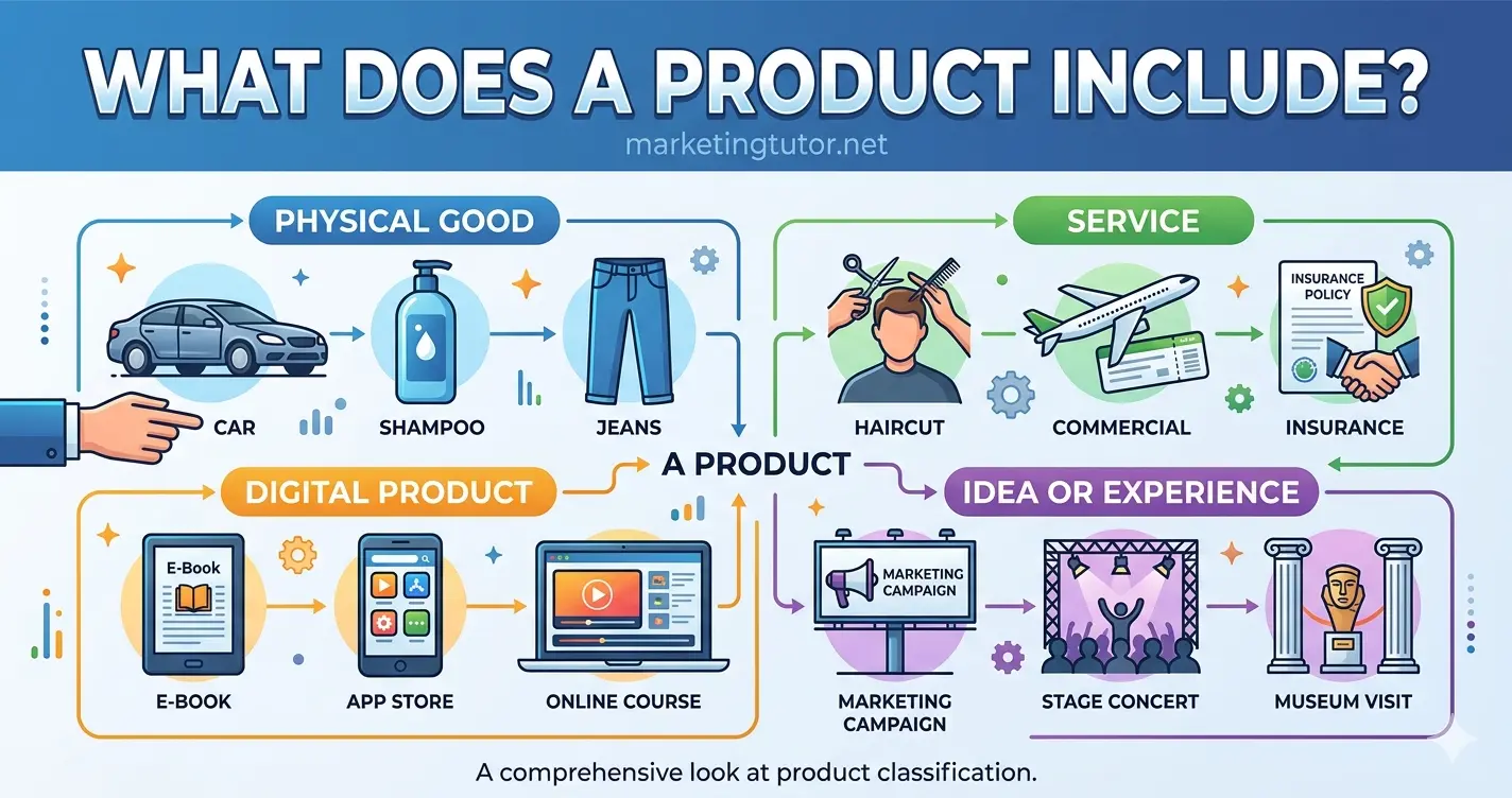 Infographic titled "What Does a Product Include?" showing physical goods, services, digital products, and experiences.